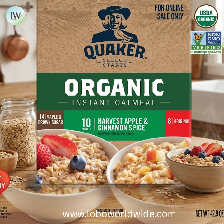 QUAKER Instant Oatmeal, USDA Organic, Non-GMO Project Verified, 3 Flavor Variety Pack, Individual Packets, 32 Count.