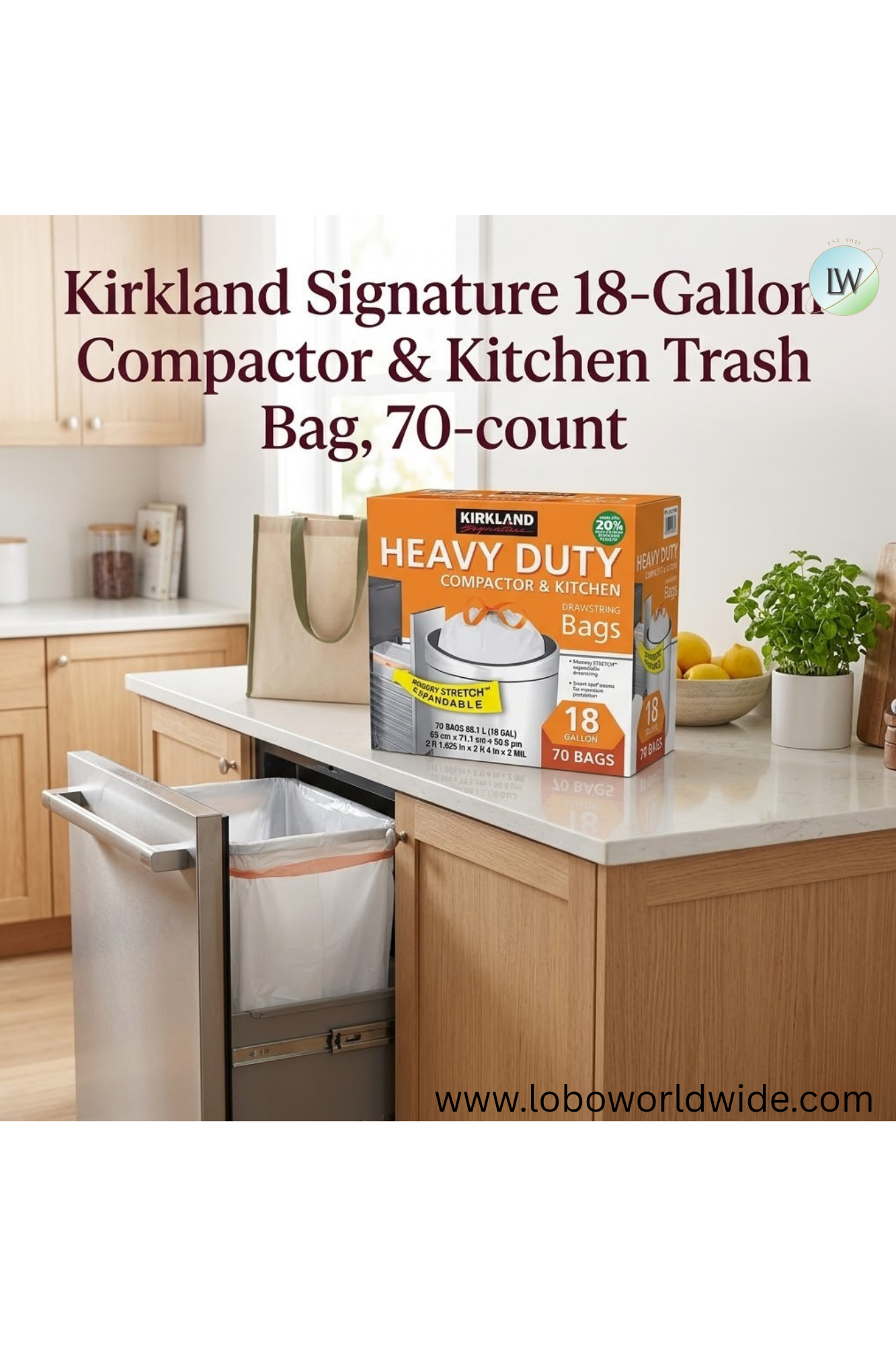 Kirkland Signature 18-Gallon Compactor & Kitchen Trash Bag, 70-count