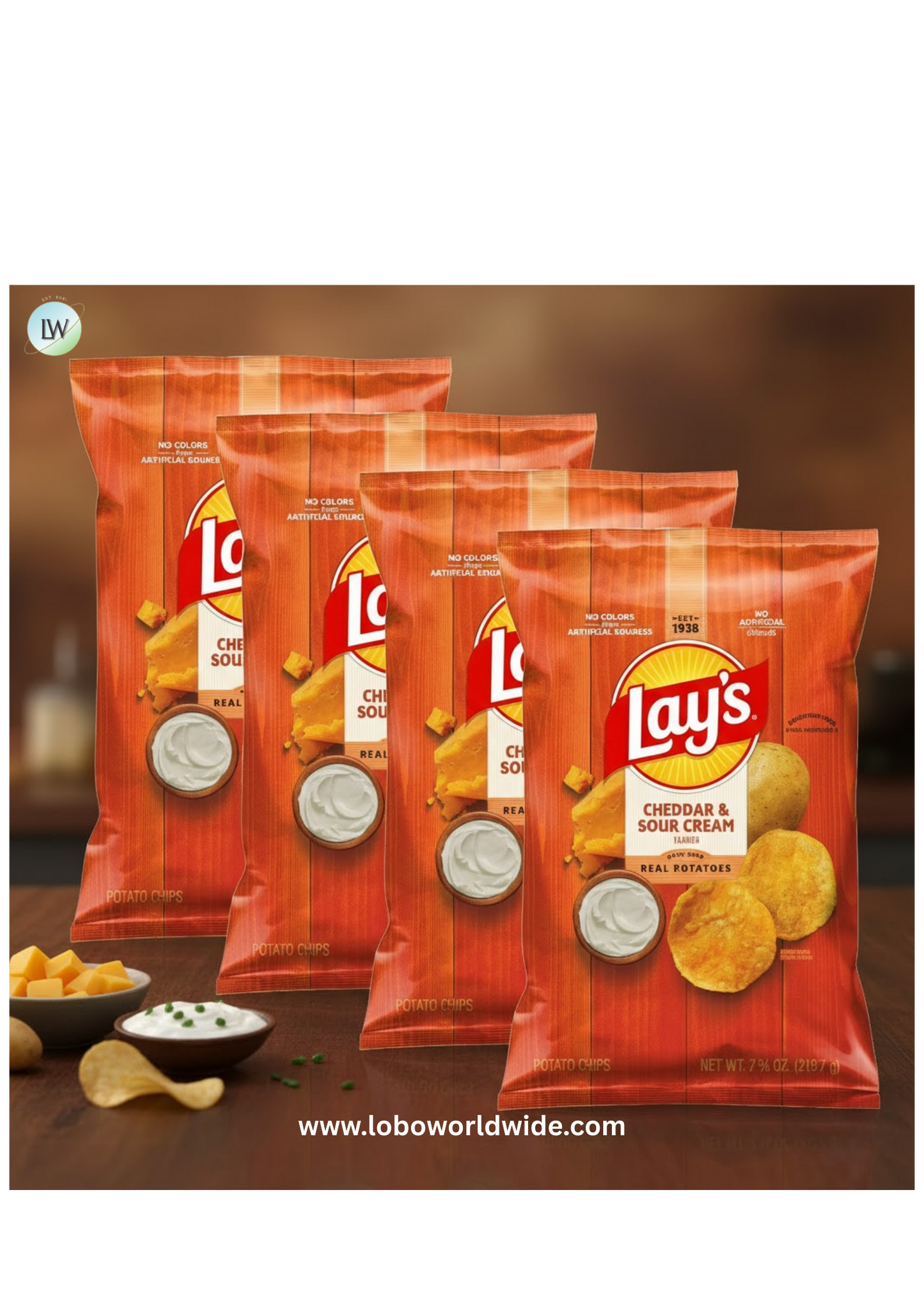 (4 pack) Lay's Potato Chips, Cheddar & Sour Cream, 7.75 oz Bag