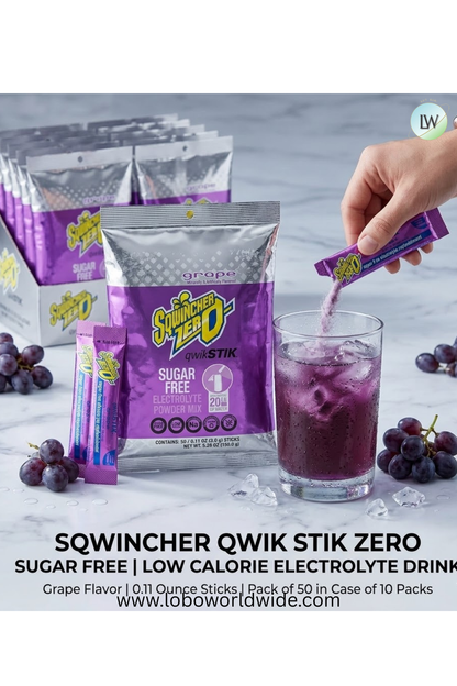 Sqwincher Qwik Stik ZERO Sugar Free, Low Calorie Electrolyte Drink, 0.11 Ounce, Pack of 50, Case of 10 Packs(Various Flavours)