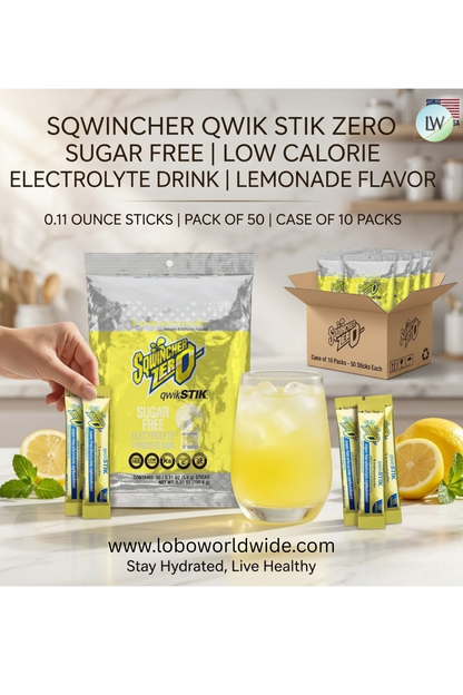 Sqwincher Qwik Stik ZERO Sugar Free, Low Calorie Electrolyte Drink, 0.11 Ounce, Pack of 50, Case of 10 Packs(Various Flavours)