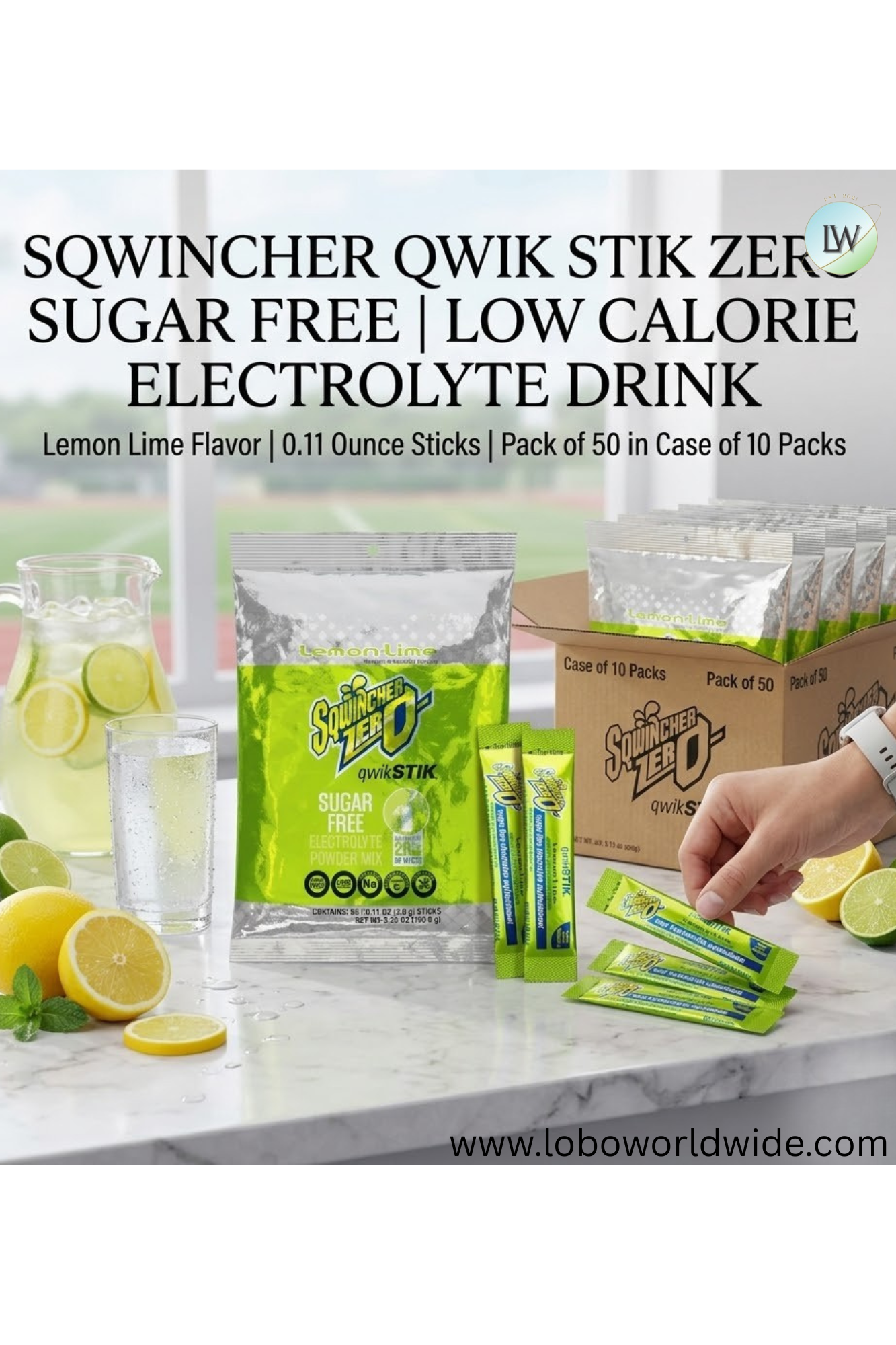 Sqwincher Qwik Stik ZERO Sugar Free, Low Calorie Electrolyte Drink, 0.11 Ounce, Pack of 50, Case of 10 Packs(Various Flavours)