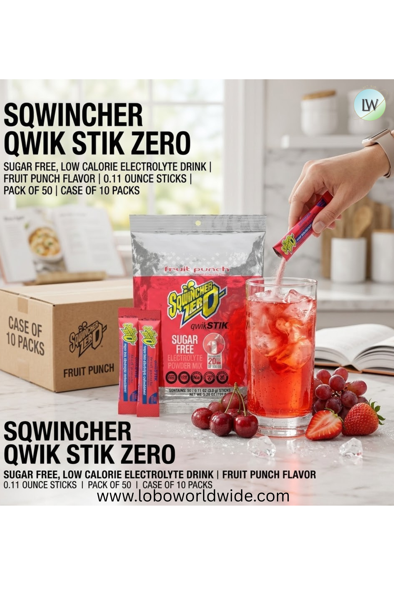 Sqwincher Qwik Stik ZERO Sugar Free, Low Calorie Electrolyte Drink, 0.11 Ounce, Pack of 50, Case of 10 Packs(Various Flavours)