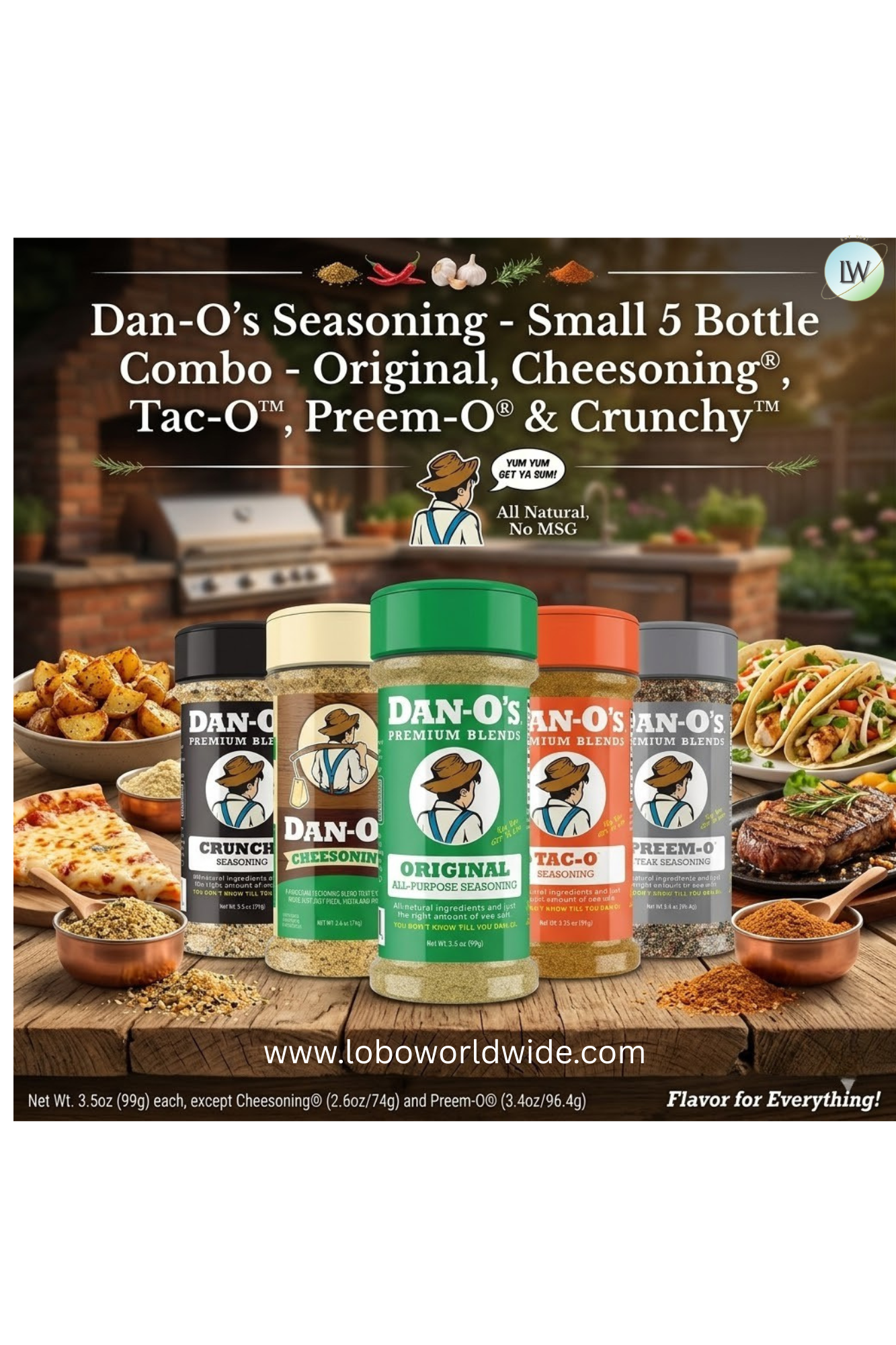Dan-O's Seasoning - Small 5 Bottle Combo - Original, Cheesoning®, Tac-O™, Preem-O® & Crunchy™