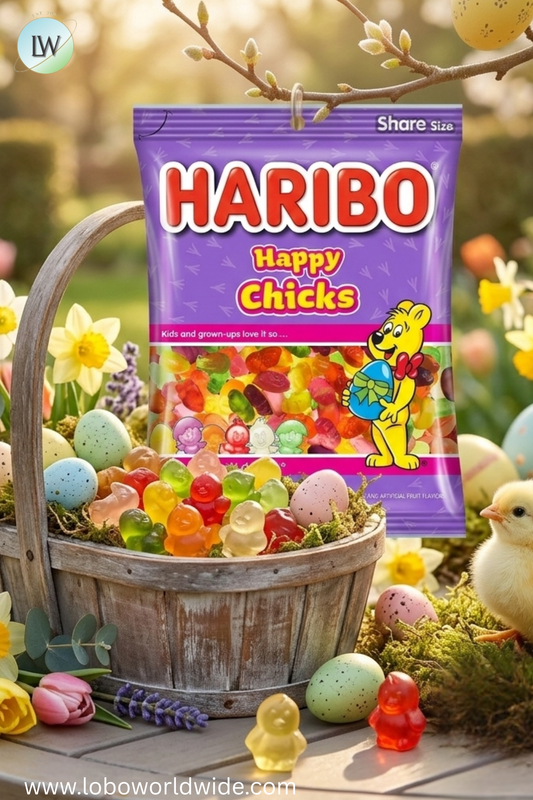 HARIBO Happy Chicks Easter Gummies Assorted Fruit Flavor Chick Shaped Gummy Candy, 4oz, Share Size Peg Bag -  Pack Of 4