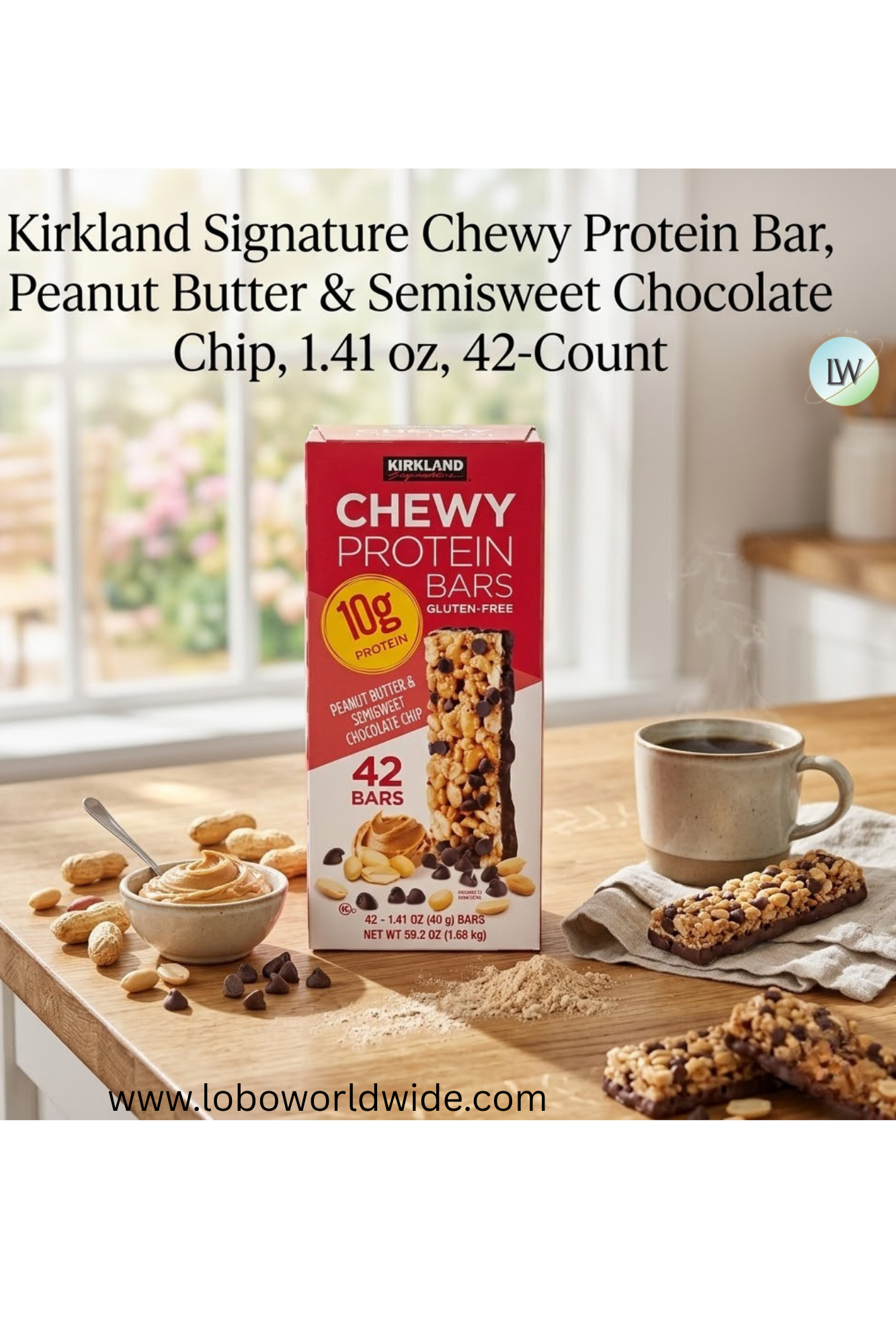 Kirkland Signature Chewy Protein Bar, Peanut Butter & Semisweet Chocolate Chip, 1.41 oz, 42-Count
