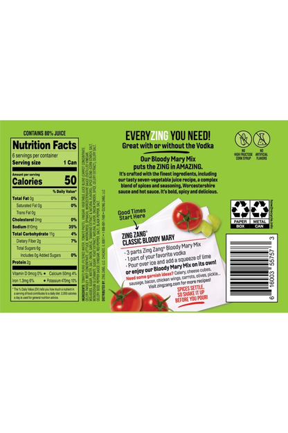 Zing Zang Bloody Mary Mix, Non-Alcoholic Cocktail Mixer, 7.5 Fl Oz Cans (Pack of 6)