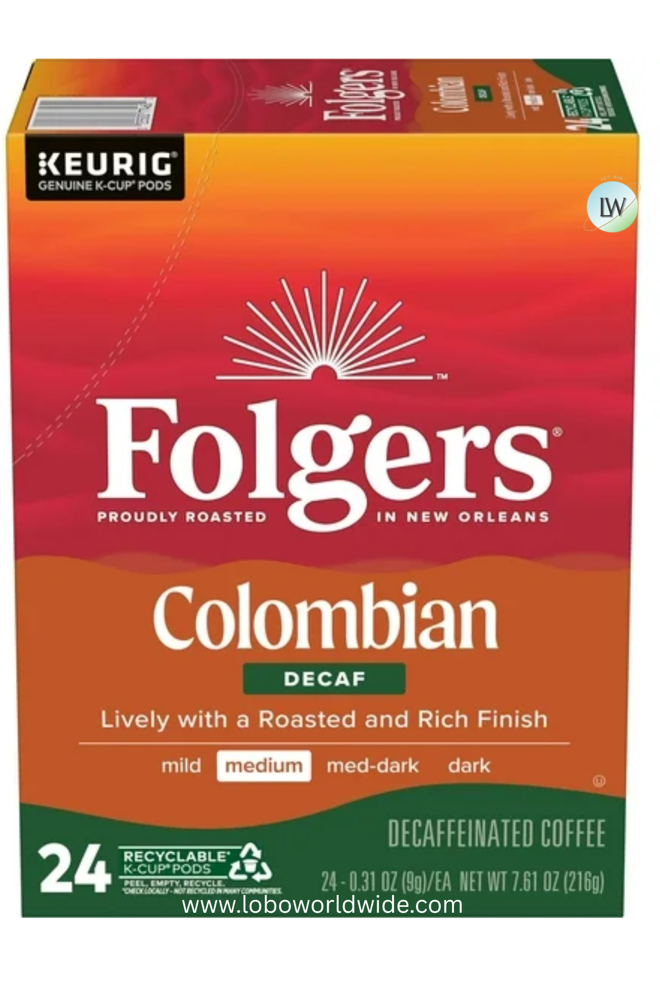 Folgers Colombian Decaffeinated Coffee, Medium Roast, K Cup, 24 Count Box