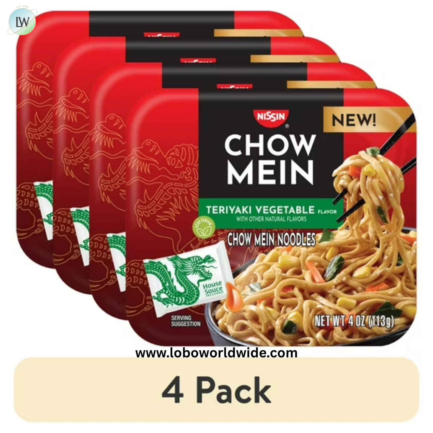 Nissin Foods Chow Mein Instant Noodles, Teriyaki Vegetable Flavor, 4.0 oz Tray, Shelf-Stable