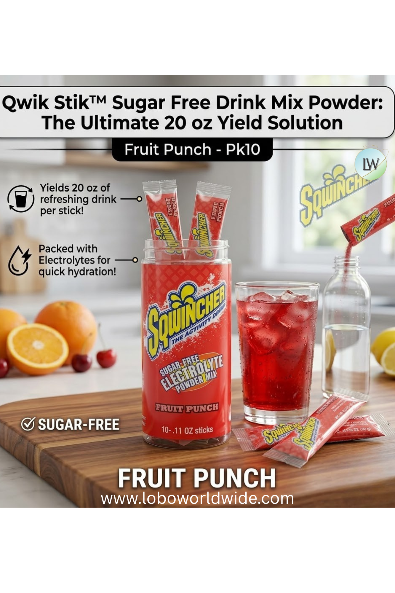 Sqwincher Qwik Stik(TM) Sugar Free Drink Mix Powder 20 oz Yield Per 0.11 oz Unit,Pk10(Various Flavours)