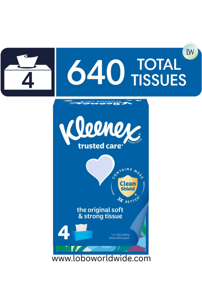 Kleenex Trusted Care Facial Tissues, 2-Ply, 640 Tissues, 4 Flat Boxes