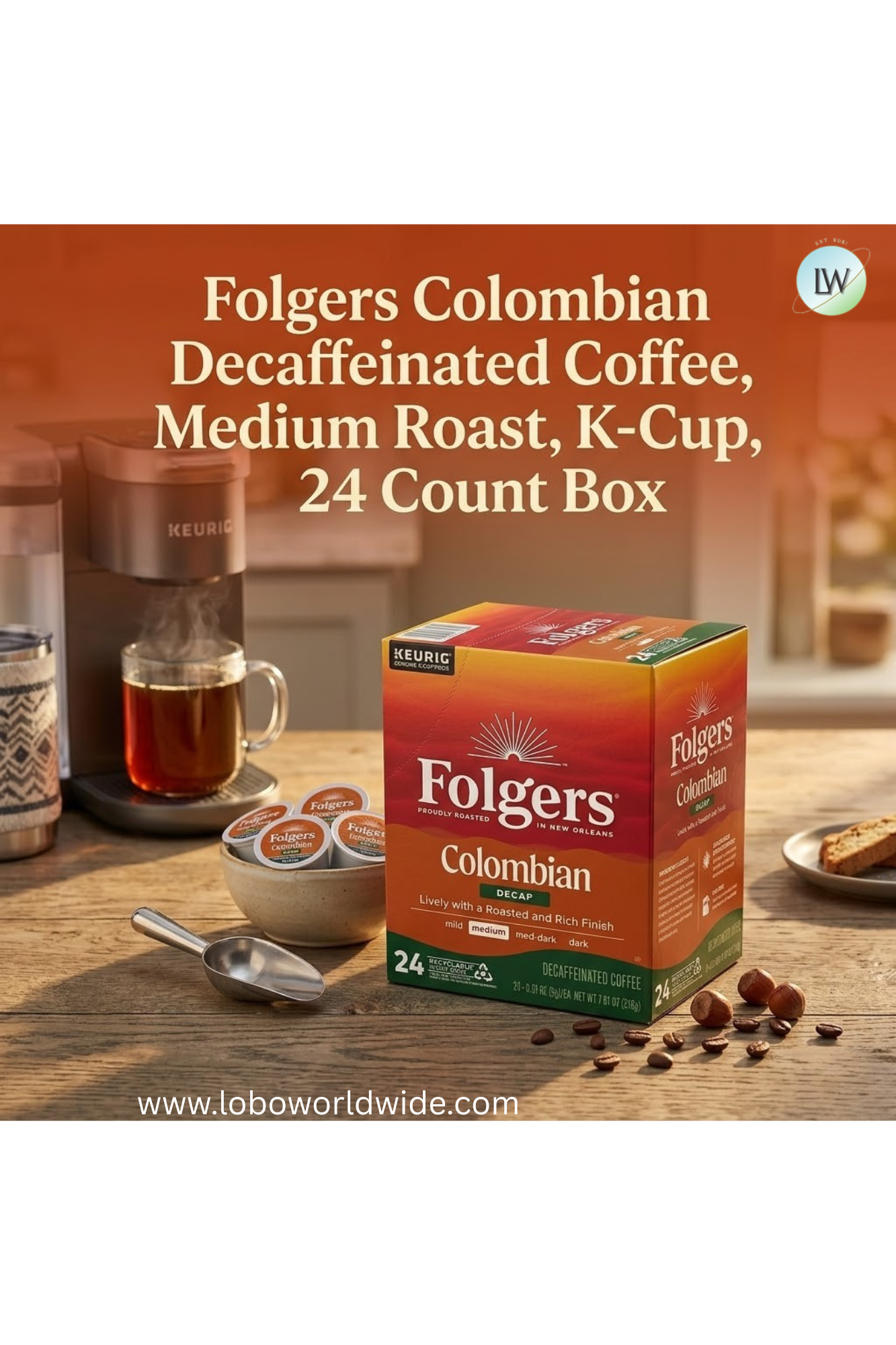 Folgers Colombian Decaffeinated Coffee, Medium Roast, K Cup, 24 Count Box