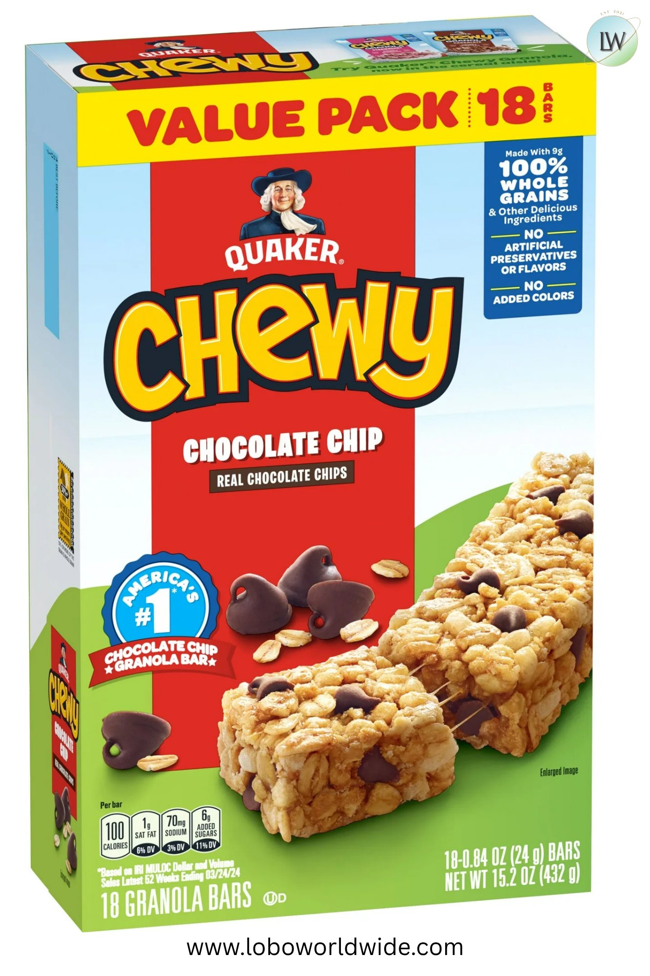 Quaker Chewy Chocolate Chip Granola Bars 18 Count, 0.84 oz Bars