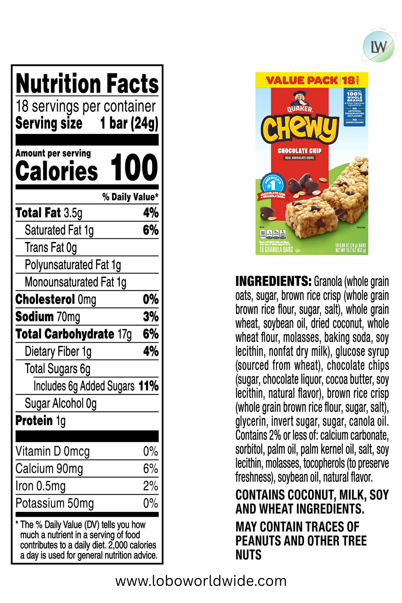 Quaker Chewy Chocolate Chip Granola Bars 18 Count, 0.84 oz Bars