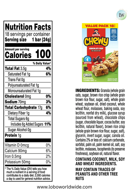 Quaker Chewy Chocolate Chip Granola Bars 18 Count, 0.84 oz Bars