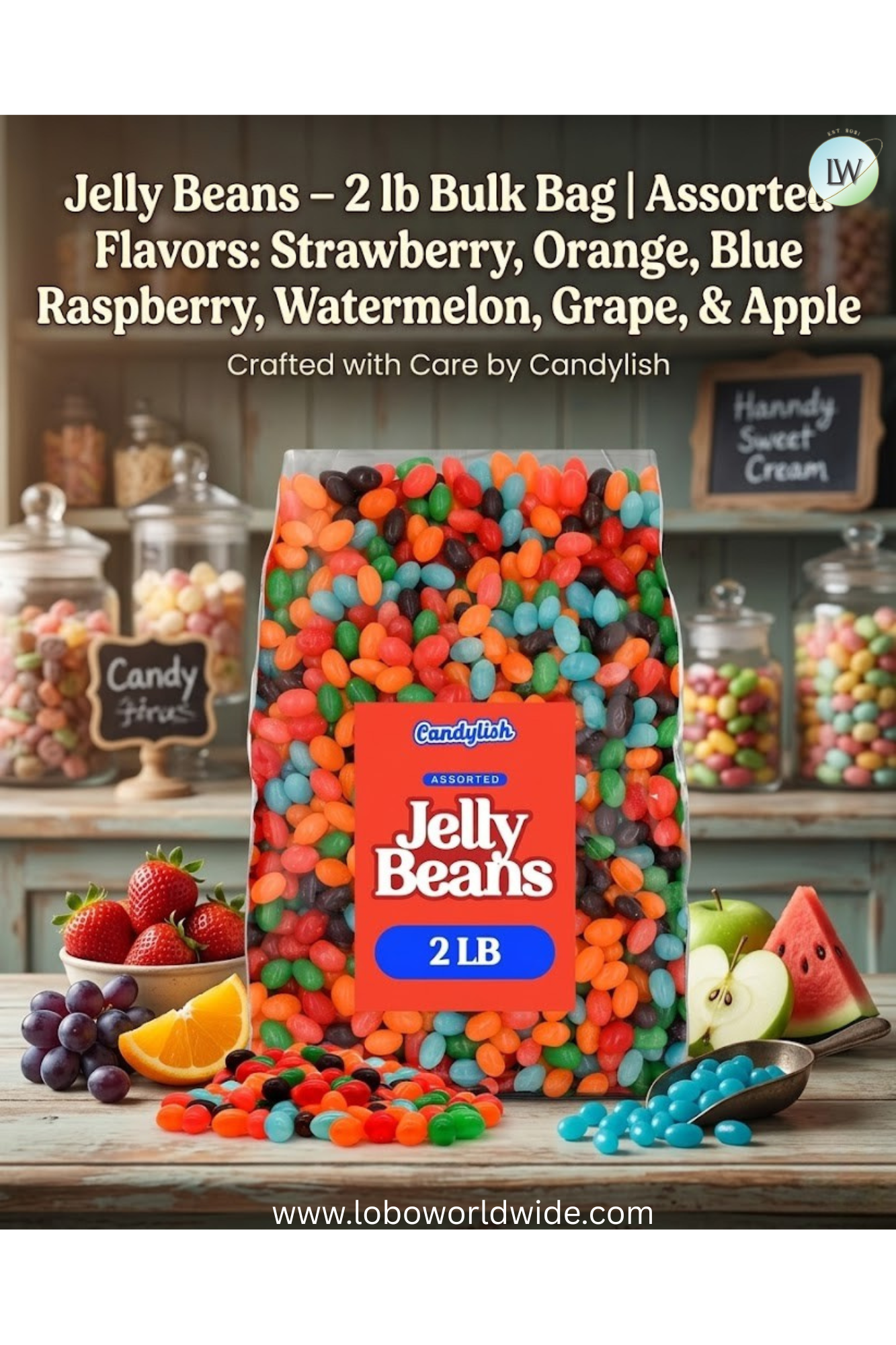 Jelly Beans – 2 lb Bulk Bag | Assorted Flavors: Strawberry Orange, Blue Raspberry, Watermelon, Grape, & Apple | Perfect for Candy Lovers, Parties, Easter & Gifting