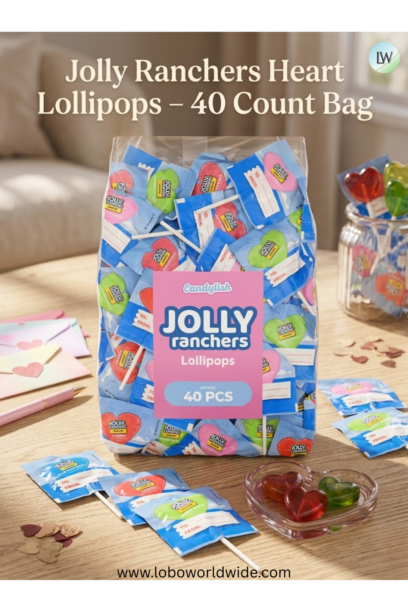Jolly Ranchers Heart Lollipops – 40 Count Bag – Bulk Valentine Candy, Assorted Fruit Flavors – Heart-Shaped Lollipops for Parties, Classroom Exchange, Candy Buffets, and Gifting