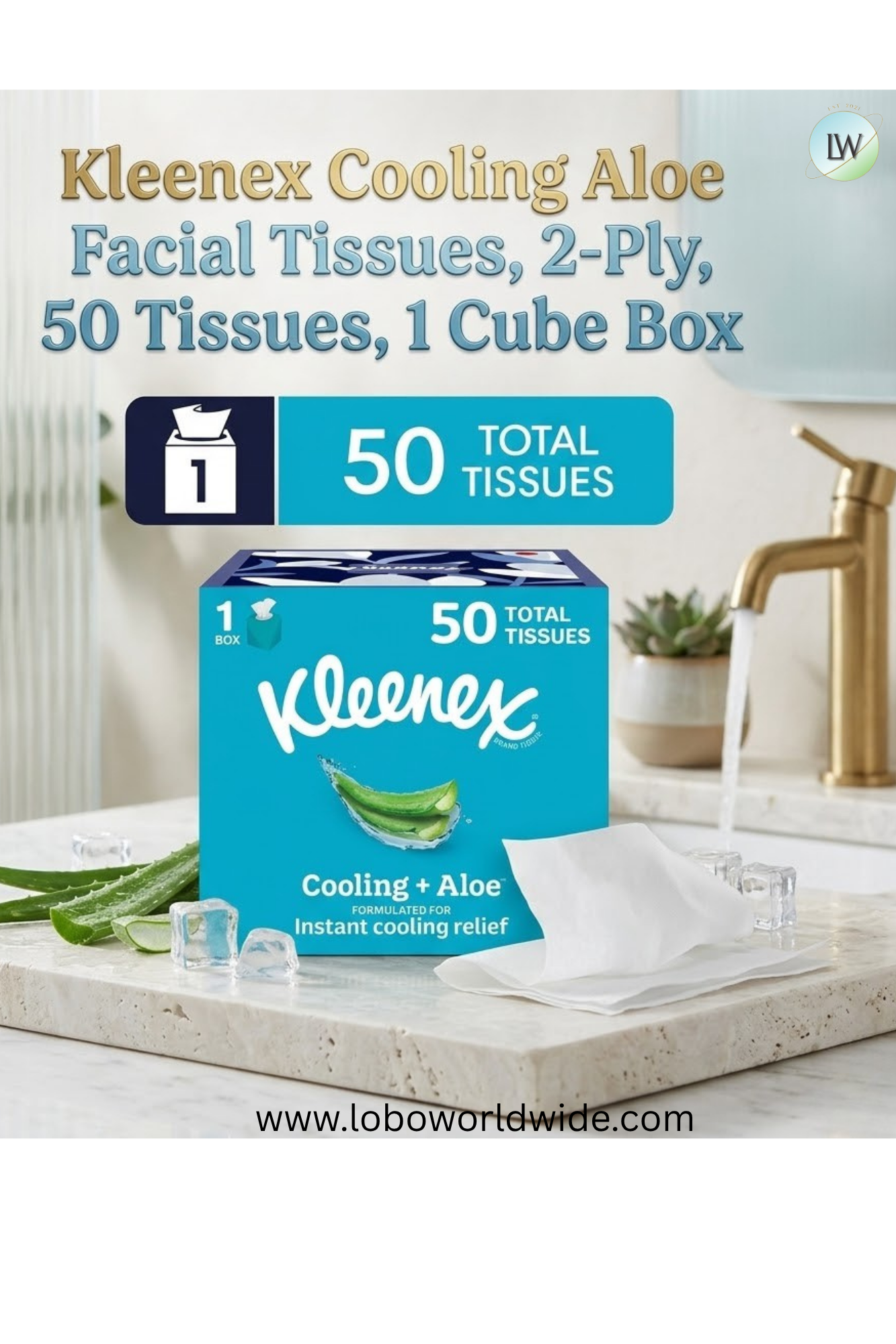 Kleenex Cooling Aloe Facial Tissues, 2-Ply, 50 Tissues, 1 Cube Box