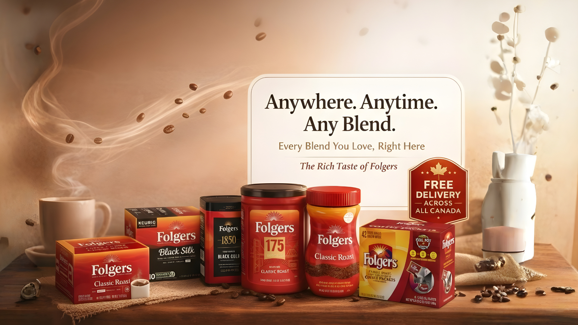 Collection of Folgers coffee products on a wooden surface with a decorative background.