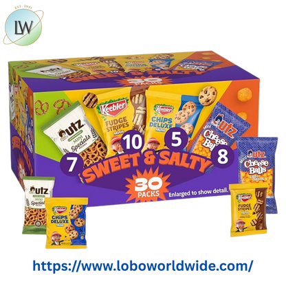Keebler Sweet & Salty Variety Pack, 30-Count Box, Includes Keebler Chips Deluxe, Fudge Stripes, Utz mini Pretzels and Cheese Balls, 31 oz