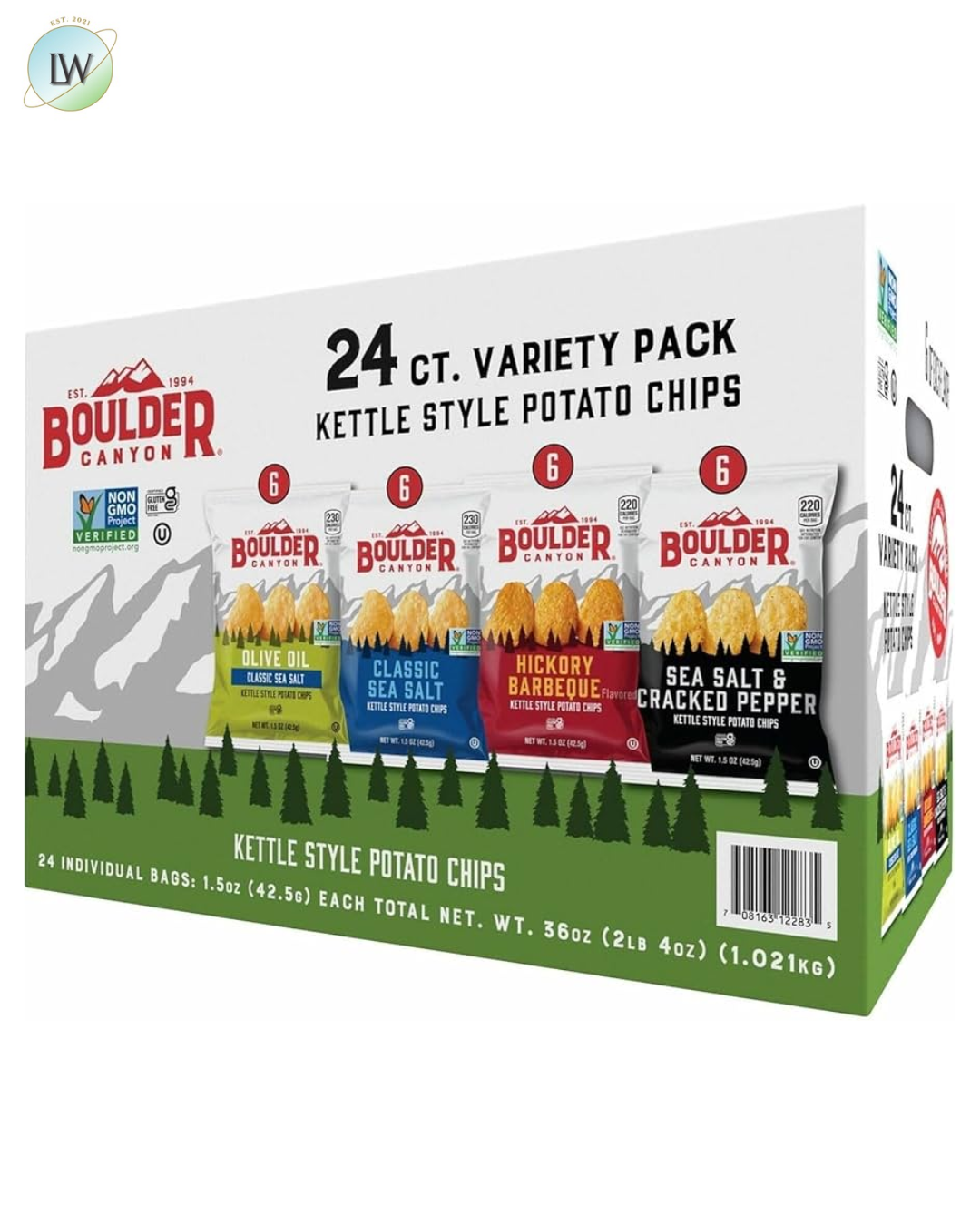 Boulder Canyon Kettle Cooked Potato Chip Variety Pack (24 Individual - 1.5 Oz Bags) of The Following Flavors: Olive Oil, Hickory Barbeque, Sea Salt and Sea Salt & Cracked Pepper