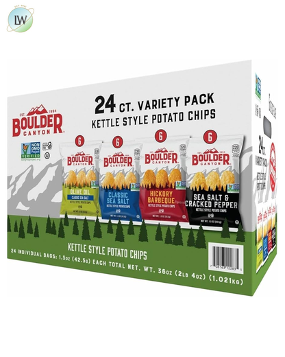 Boulder Canyon Kettle Cooked Potato Chip Variety Pack (24 Individual - 1.5 Oz Bags) of The Following Flavors: Olive Oil, Hickory Barbeque, Sea Salt and Sea Salt & Cracked Pepper