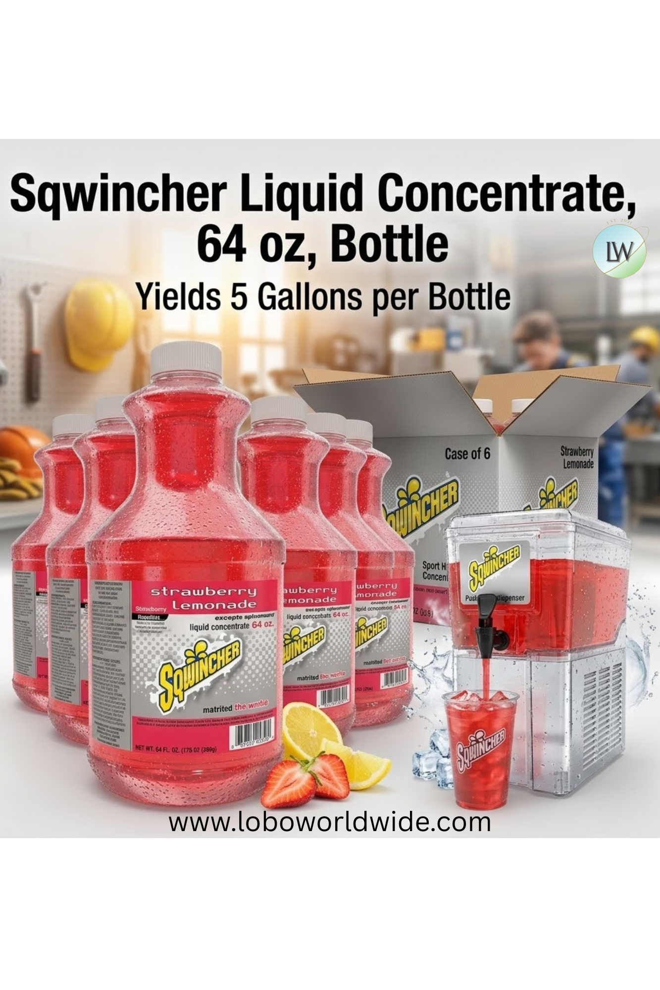 Sqwincher Liquid Concentrate, 64 oz, Bottle, Yields 5 gal, Strawberry Lemonade, 6 per case