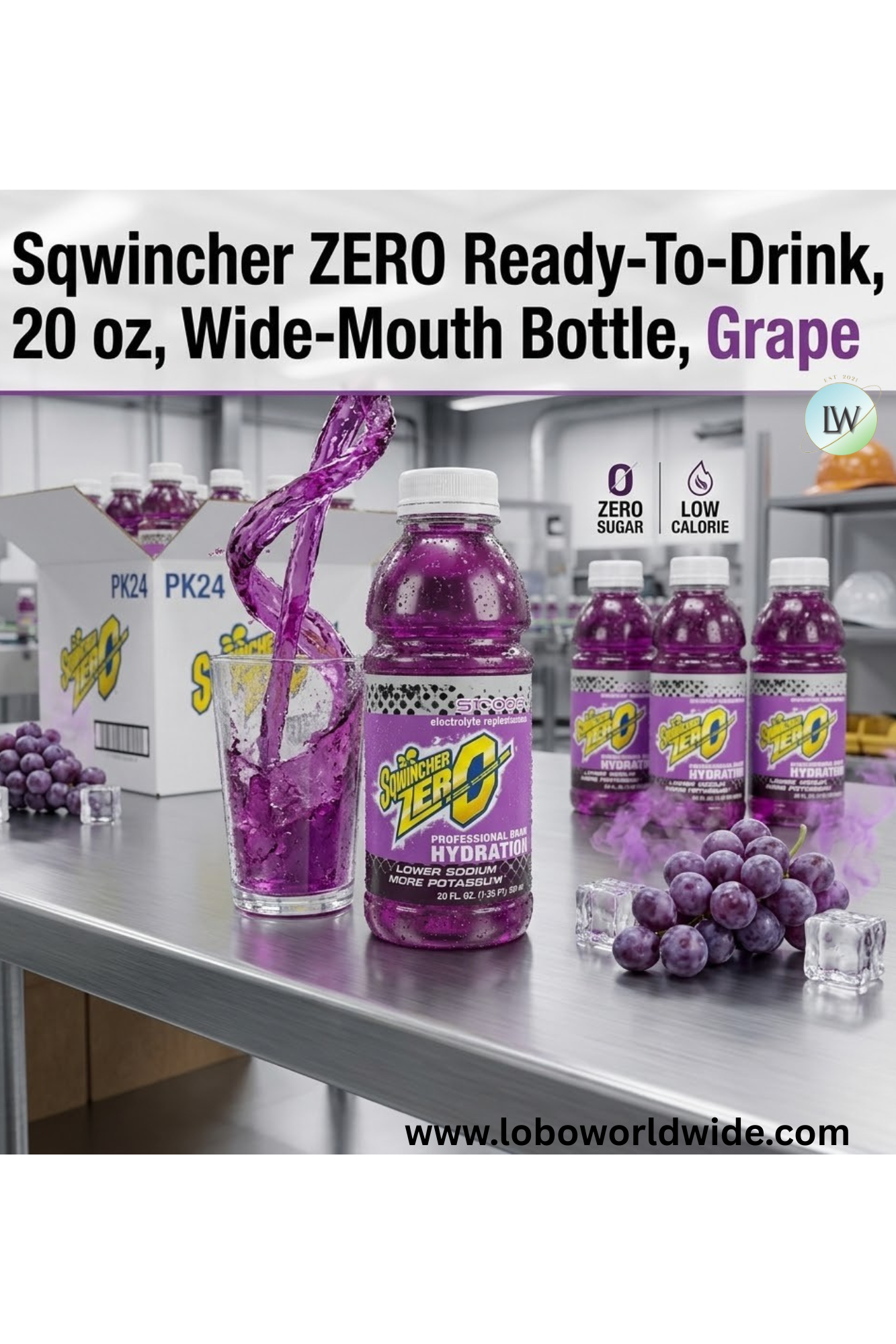 Sqwincher ZERO Ready-To-Drink, 20 oz, Wide-Mouth Bottle, Grape