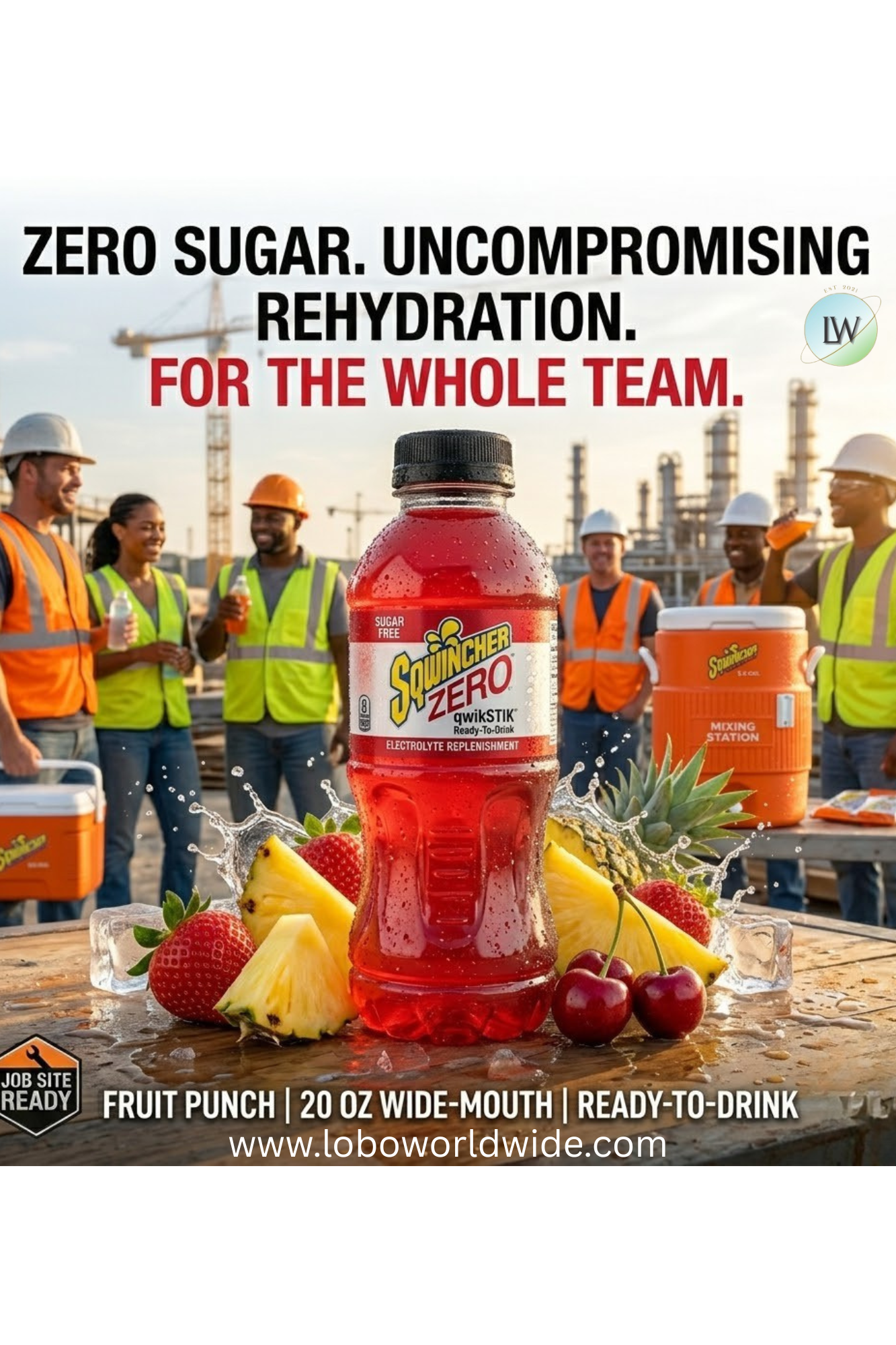 Sqwincher ZERO Ready-To-Drink, 20 oz, Wide-Mouth Bottle, Fruit Punch