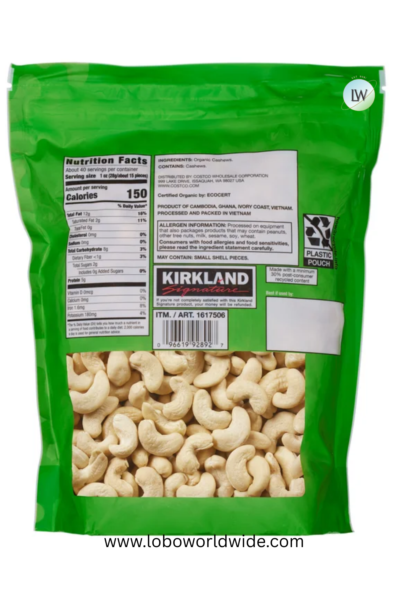 Kirkland Signature Organic Whole Cashews, Unsalted, Unroasted, 2.5 lbs