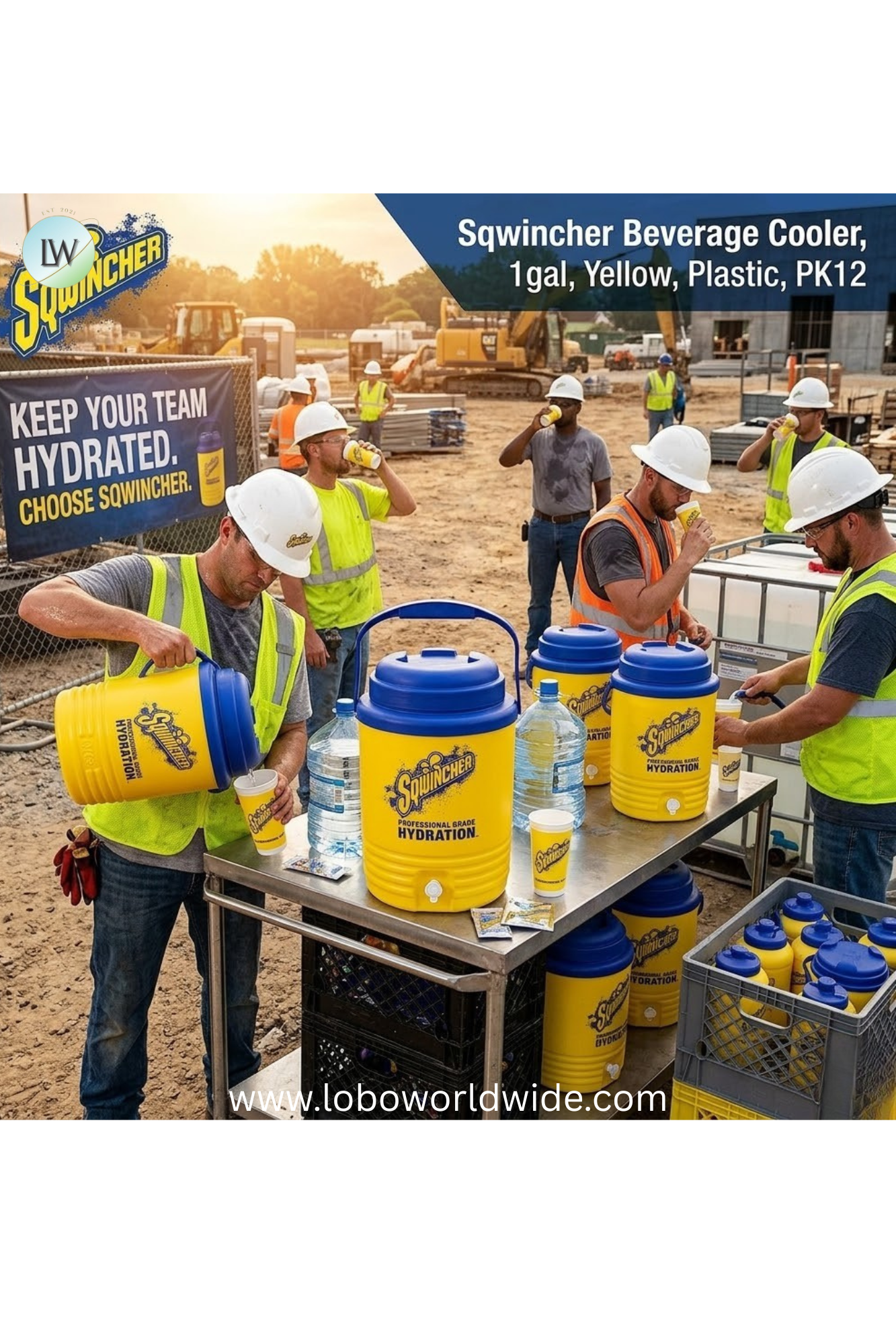Sqwincher Beverage Cooler, 1gal, Yellow, Plastic, PK12
