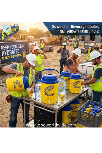 Sqwincher Beverage Cooler, 1gal, Yellow, Plastic, PK12