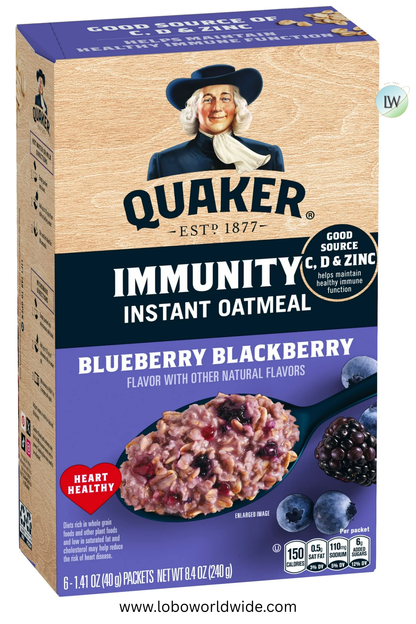 Quaker Immunity Instant Oatmeal, Blueberry Blackberry, Good Source of Vitamins C, D, & Zinc, Whole Grains. 1.41 oz packets, (6 Pack)