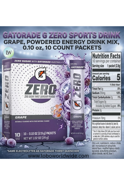 Gatorade G Zero Sports Drink , Energy Drink Mix, 0.10 oz, 10 ct. (Pack of 2)(Various Flavours)