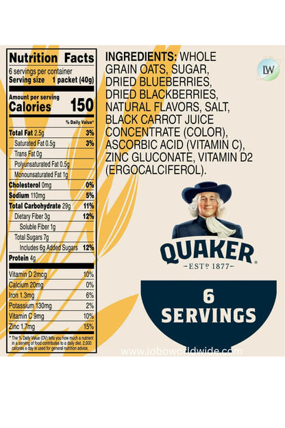 Quaker Immunity Instant Oatmeal, Blueberry Blackberry, Good Source of Vitamins C, D, & Zinc, Whole Grains. 1.41 oz packets, (6 Pack)