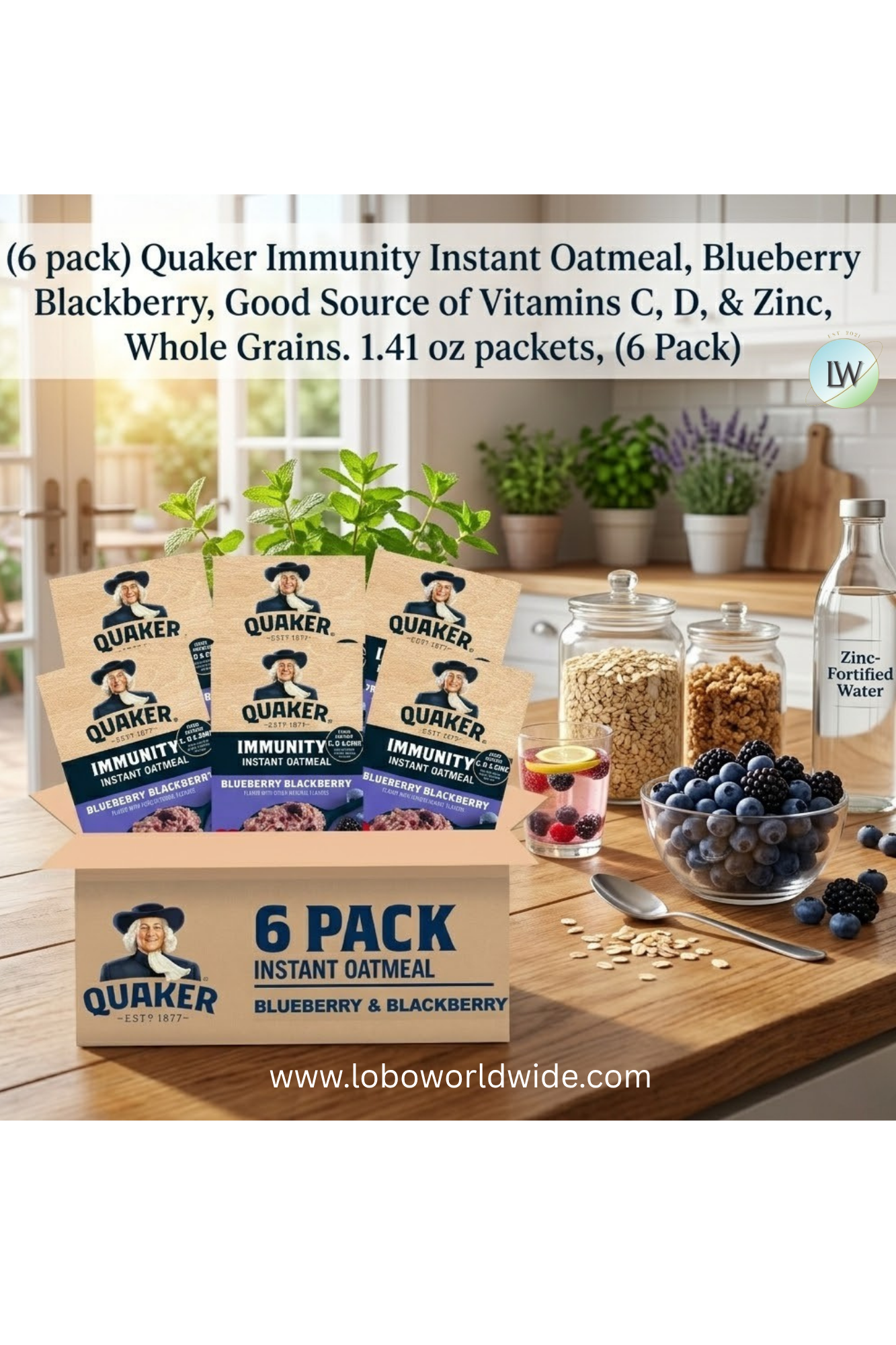 Quaker Immunity Instant Oatmeal, Blueberry Blackberry, Good Source of Vitamins C, D, & Zinc, Whole Grains. 1.41 oz packets, (6 Pack)