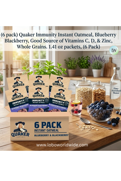 Quaker Immunity Instant Oatmeal, Blueberry Blackberry, Good Source of Vitamins C, D, & Zinc, Whole Grains. 1.41 oz packets, (6 Pack)