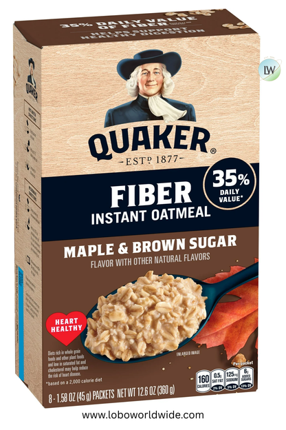 Quaker Fiber Instant Oatmeal, Maple Brown Sugar, 35% Daily Value of Fiber, Whole Grains, No Artificial Flavors, 1.58 oz packets, (8 Pack)