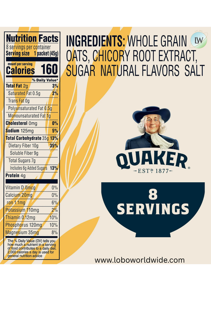 Quaker Fiber Instant Oatmeal, Maple Brown Sugar, 35% Daily Value of Fiber, Whole Grains, No Artificial Flavors, 1.58 oz packets, (8 Pack)