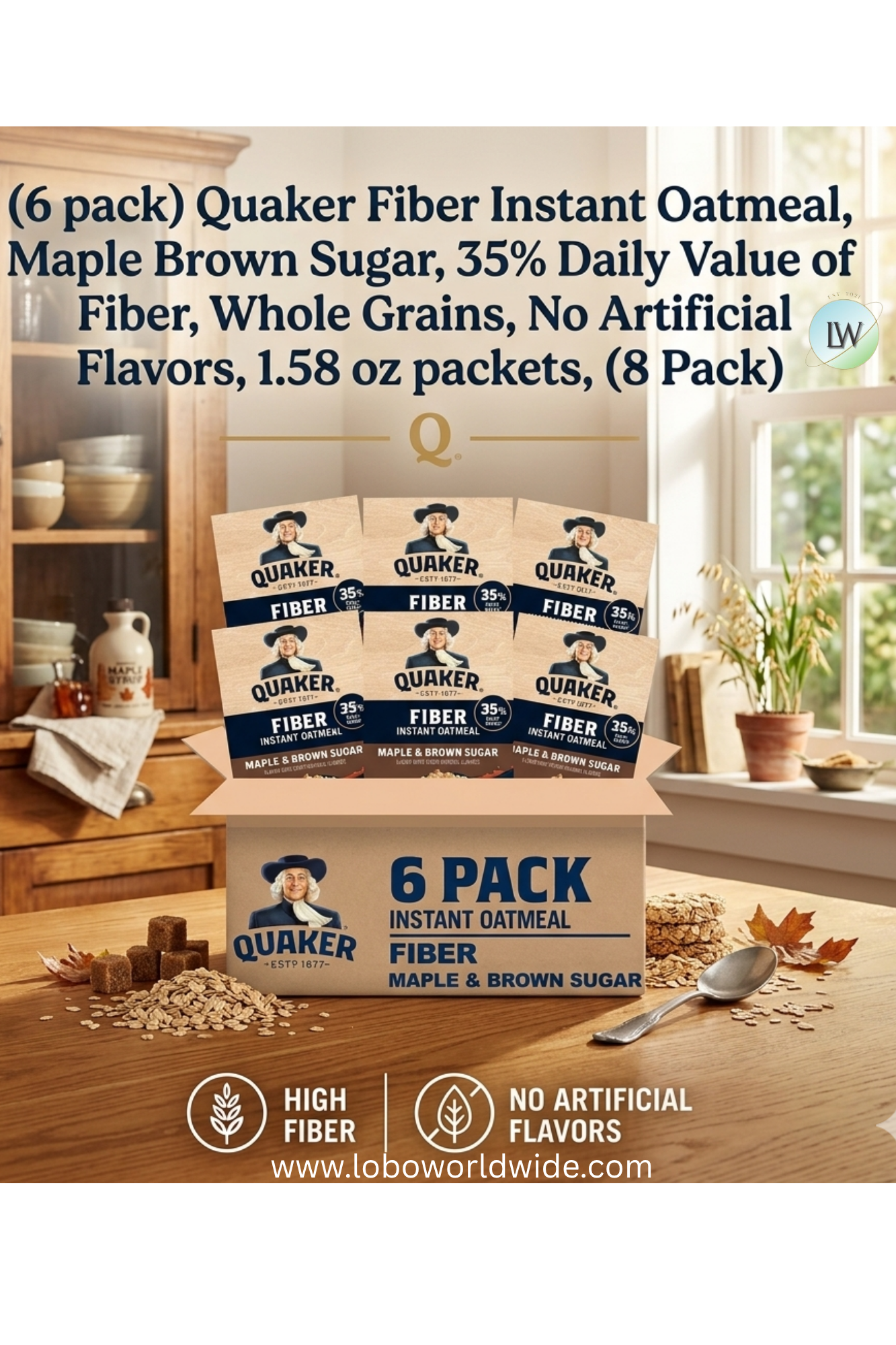 Quaker Fiber Instant Oatmeal, Maple Brown Sugar, 35% Daily Value of Fiber, Whole Grains, No Artificial Flavors, 1.58 oz packets, (8 Pack)