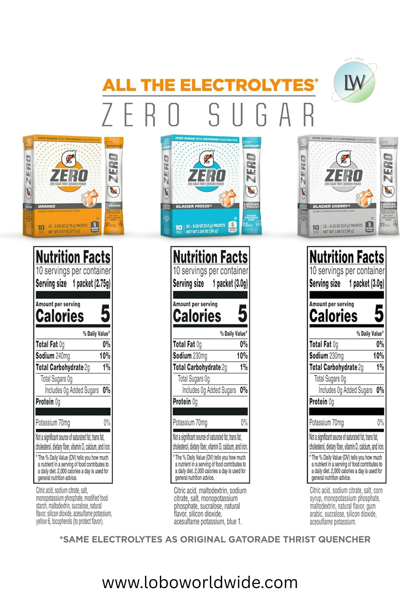 Gatorade G Zero Powder, 3 Flavor Glacier Cherry Variety Pack, 10 oz, 50 Count Packets