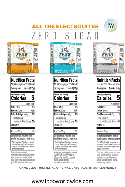 Gatorade G Zero Powder, 3 Flavor Glacier Cherry Variety Pack, 10 oz, 50 Count Packets