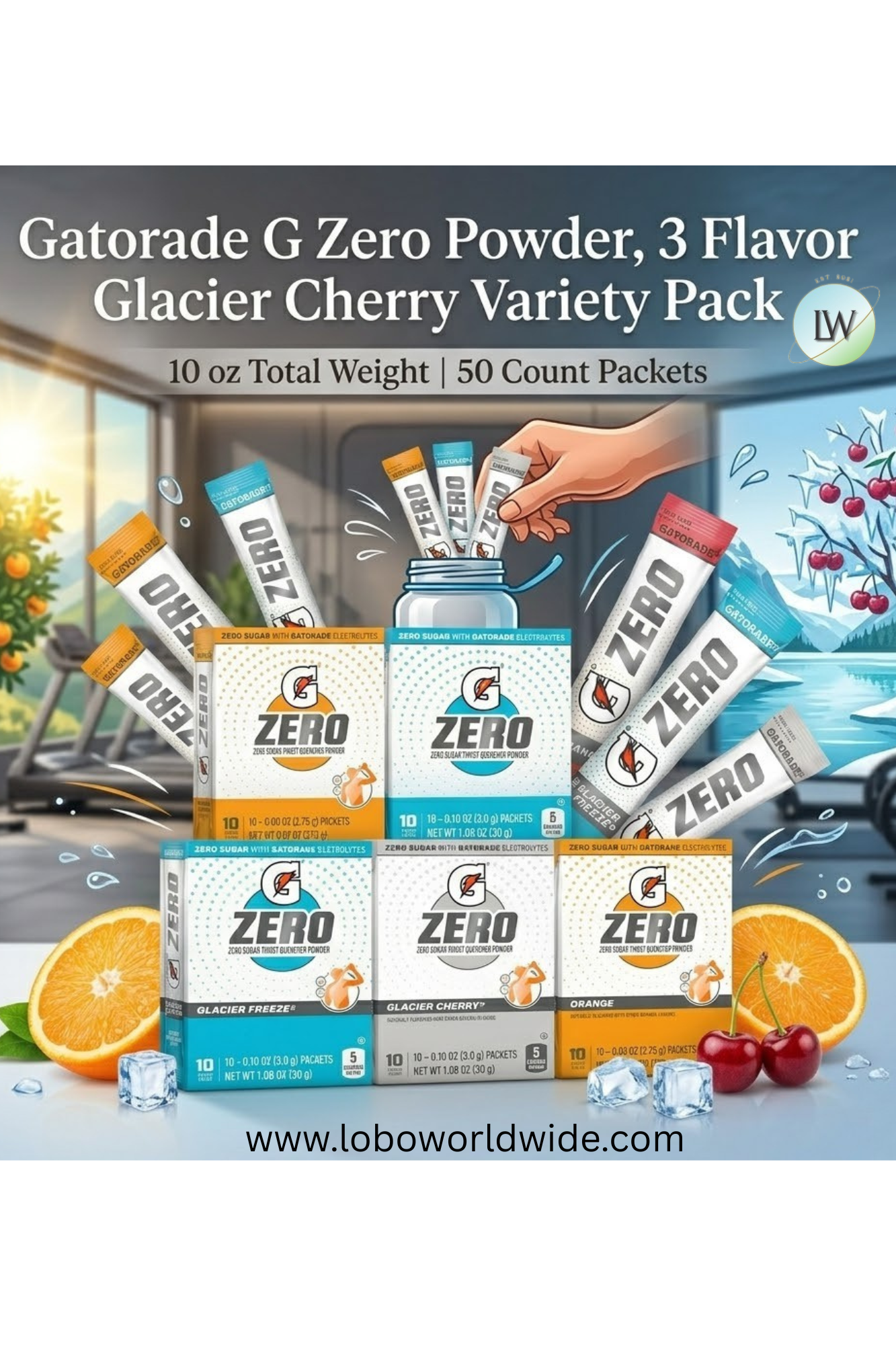 Gatorade G Zero Powder, 3 Flavor Glacier Cherry Variety Pack, 10 oz, 50 Count Packets