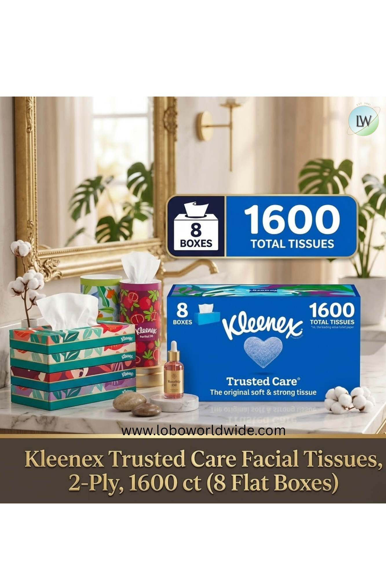 Kleenex Trusted Care Facial Tissues, 2-Ply, 1600 ct (8 Flat Boxes)