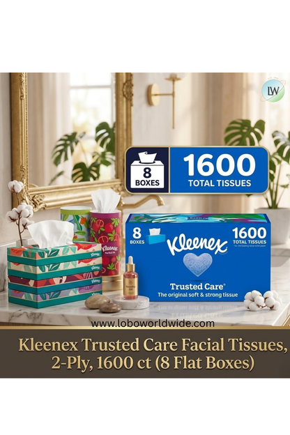 Kleenex Trusted Care Facial Tissues, 2-Ply, 1600 ct (8 Flat Boxes)