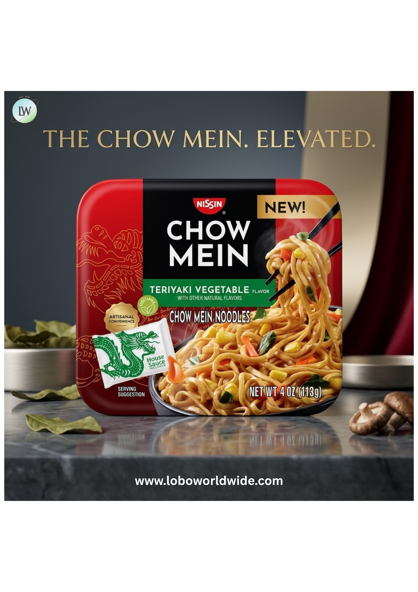Nissin Foods Chow Mein Instant Noodles, Teriyaki Vegetable Flavor, 4.0 oz Tray, Shelf-Stable