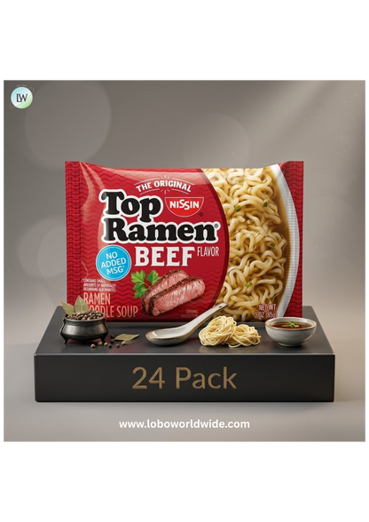 (24 pack) Nissin Foods Top Ramen Instant Ramen Noodle Soup, Beef Flavor, 3 oz Bag, Shelf-Stable