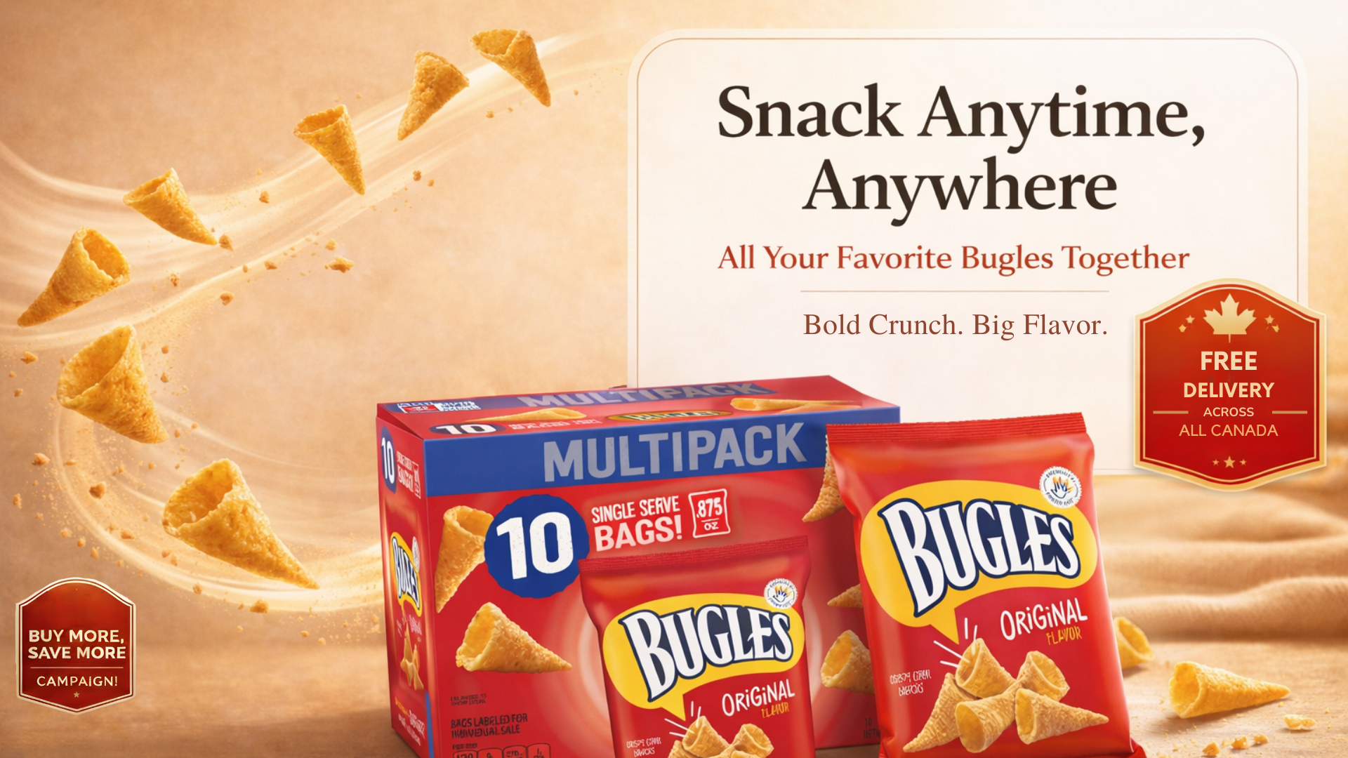 Bugles snack packaging with promotional text on a beige background