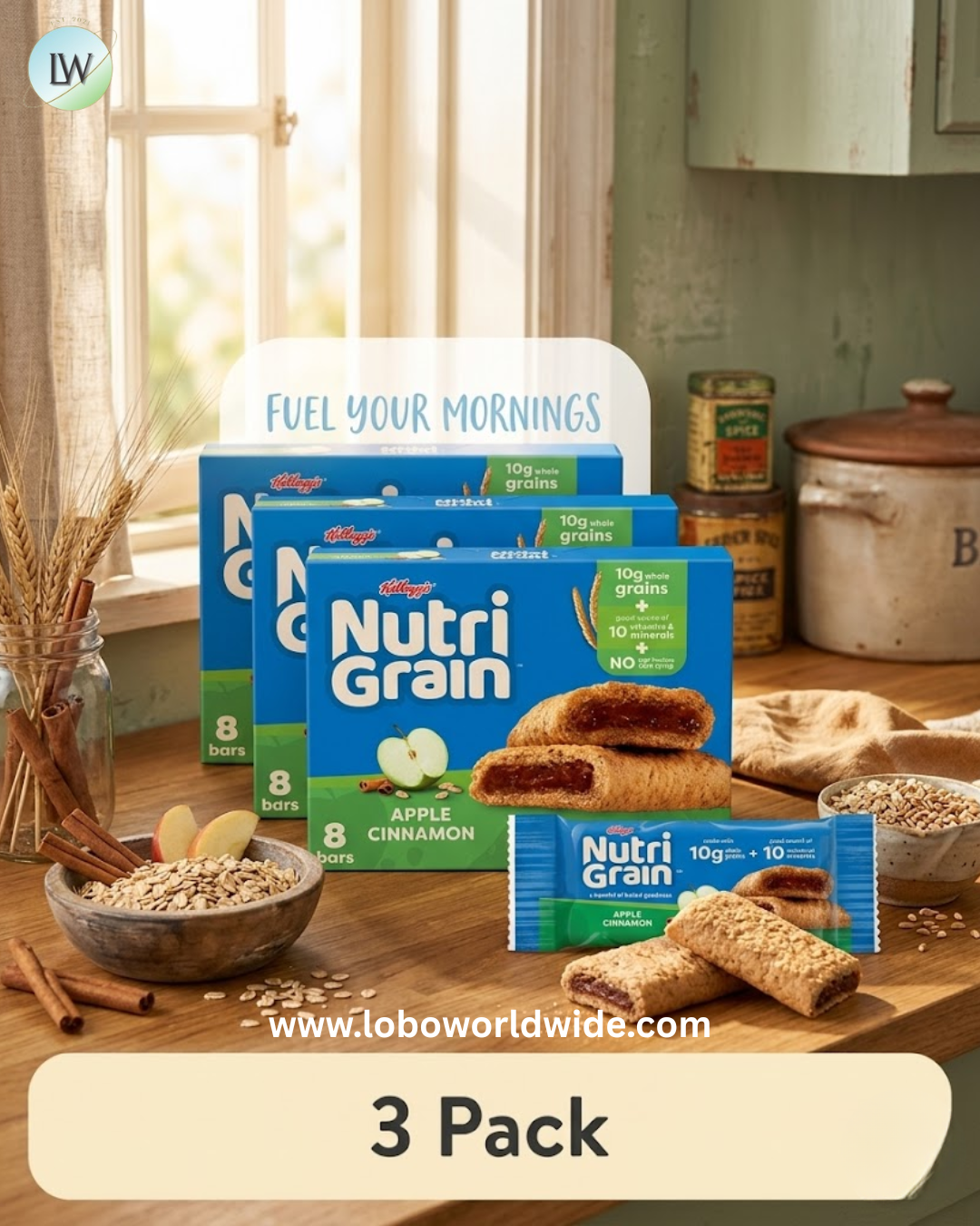 Kellogg's Nutri-Grain Apple Cinnamon Chewy Breakfast Bars, Made with 10g Whole Grains, 10.4 oz, 8 Count