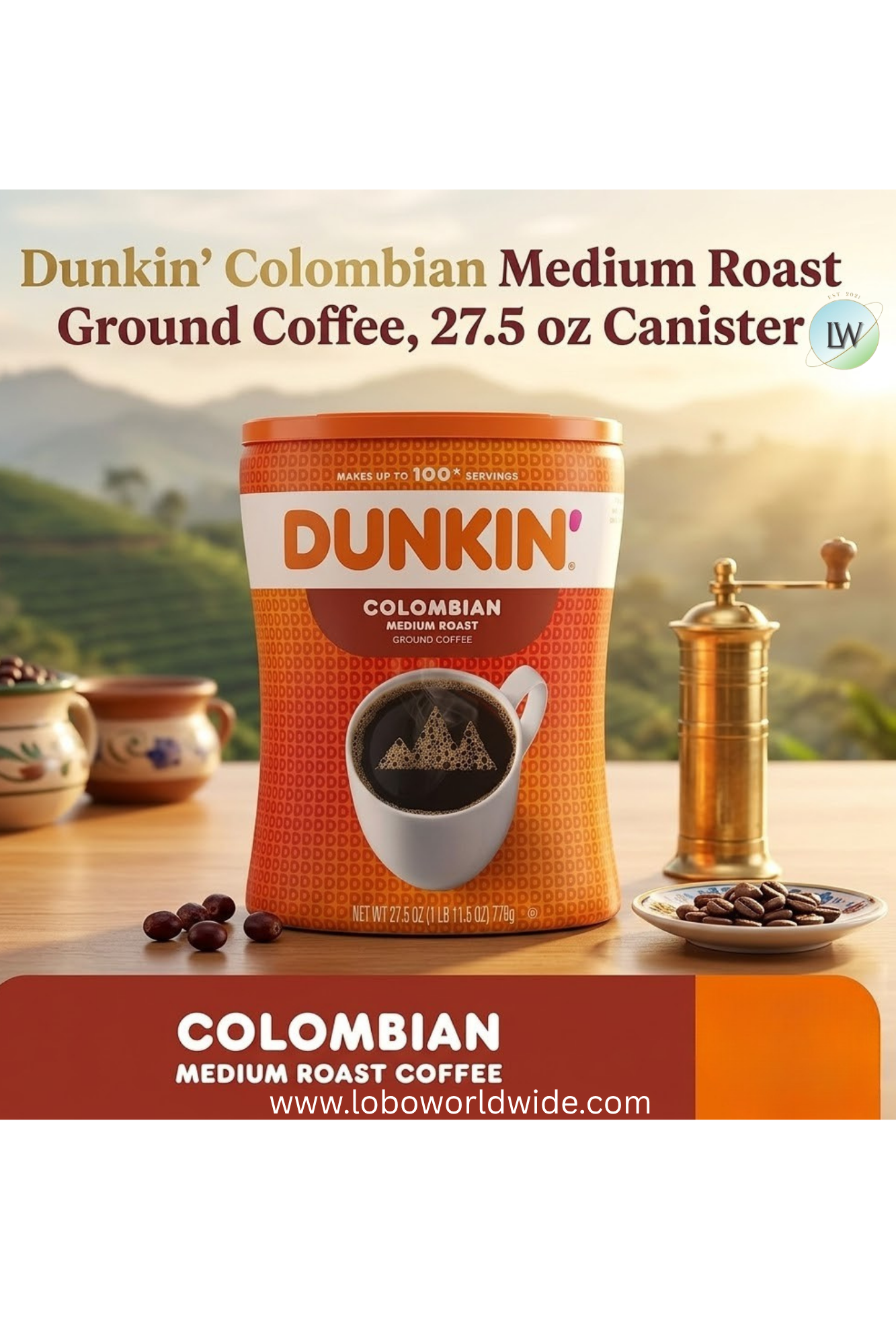 Dunkin’ Colombian Medium Roast Ground Coffee, 27.5 oz Canister